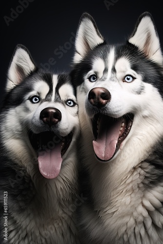 Energetic Siberian Huskies with a captivating gaze on a dark background