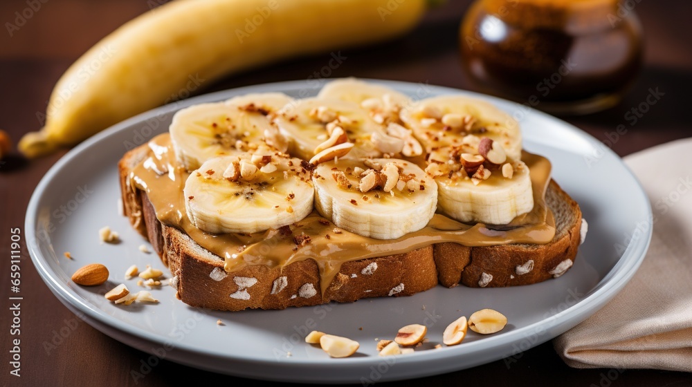 a plate with a peanut butter and banana sandwich on it. generative ai a plate with a peanut butter and banana sandwich on it. generative ai