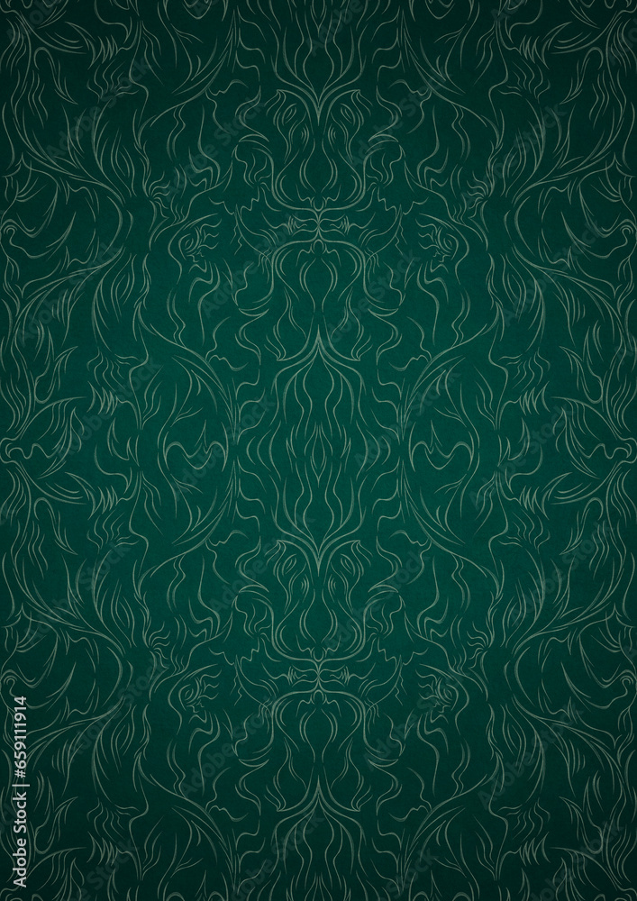Hand-drawn unique abstract symmetrical seamless ornament. Bright green on a deep cold green with vignette of a darker background color. Paper texture. Digital artwork, A4. (pattern: p11-1d) Hand-drawn unique abstract symmetrical seamless ornament. Bright green on a deep cold green with vignette of a darker background color. Paper texture. Digital artwork, A4. (pattern: p11-1d)