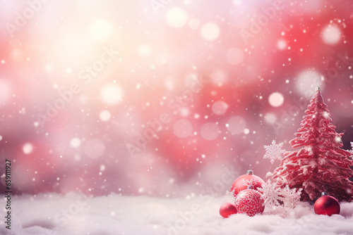 The concept of a decorative Christmas tree and balls on a bokeh background with snowflakes in pink tones.