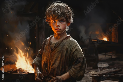 Blacksmith child forge. Molten traditional. Generate Ai