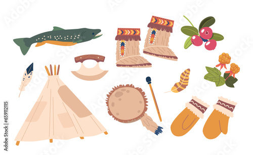 Set Of Inuit Items. Wigwam, Gloves, Mukluks, Ulu, And Tambourine, Fish, Feather And Berries. Traditional Essential Tools
