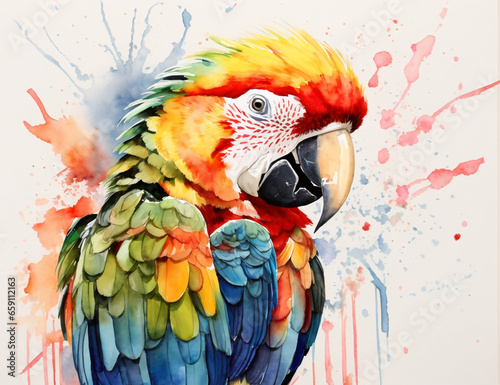 Watercolor adorable macaw, splashes splatter background  © Online Graphic BD