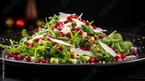  a plate of salad with cheese and pomegranates. generative ai