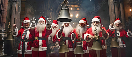 Bell ringers dressed as father christmas. AI generated.
