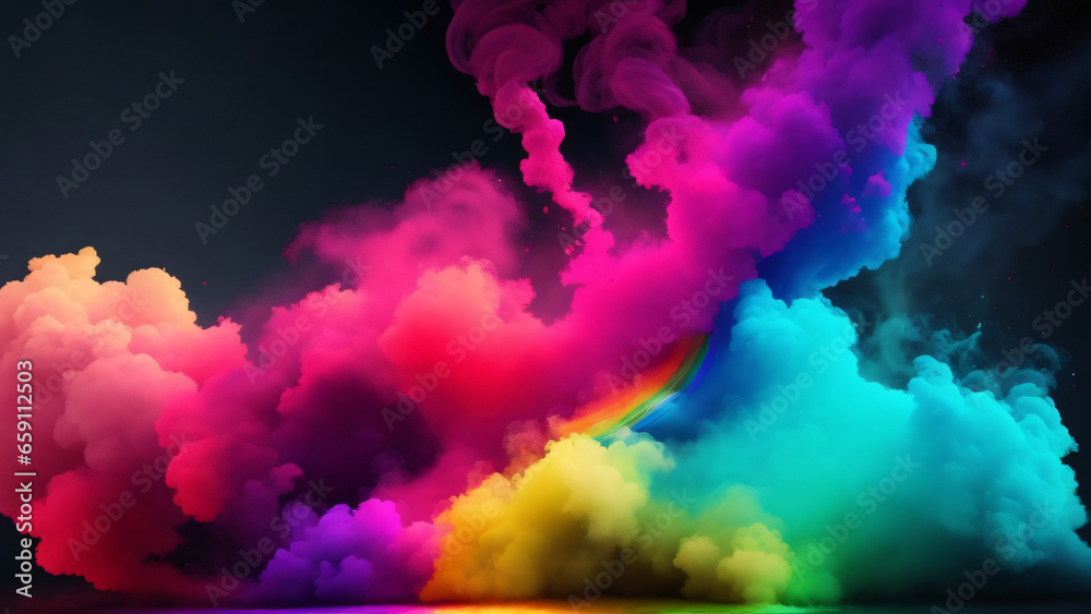 rainbow smoke cloud over black background with copy space