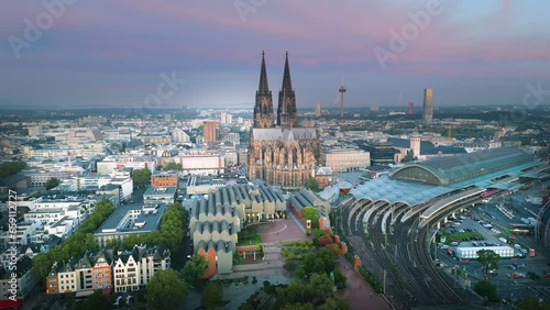 Cologne cathedral church drone footage view of cologne skyline germany downtown old town view fly drone footage. photo