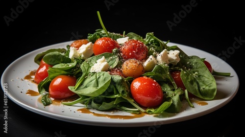  a plate of salad with tomatoes, spinach and cheese. generative ai