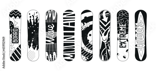 Snowboard Black And White Icons, Sleek, Stylish, And Essential For Winter Sports Enthusiasts. Minimalist Symbols