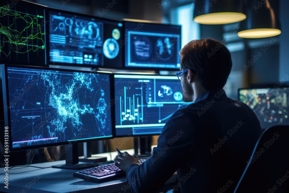 A male trader sits behind monitors with charts and data. Trading on the stock exchange. Stock Analyst A male trader sits behind monitors with charts and data. Trading on the stock exchange. Stock Analyst