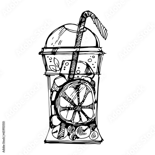 Graphic, linear drawing of a plastic glass with a cocktail. A soft drink. Cocktail with ice, iced tea. Fruit juice. Black-white glass with a straw. Transparent plastic cocktail glass.tumbler with cock