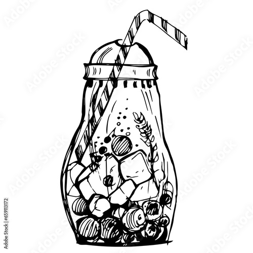 Graphic, linear drawing of a plastic glass with a cocktail. A soft drink. Cocktail with ice, iced tea. Fruit juice. Black-white glass with a straw. Transparent plastic cocktail glass.tumbler with cock