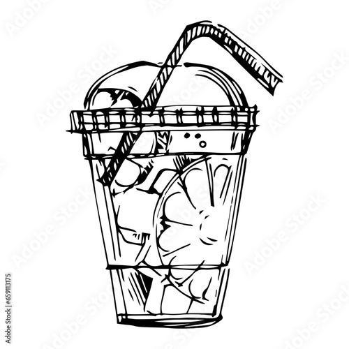 Graphic, linear drawing of a plastic glass with a cocktail. A soft drink. Cocktail with ice, iced tea. Fruit juice. Black-white glass with a straw. Transparent plastic cocktail glass.tumbler with cock