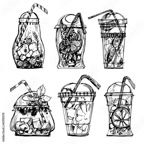 Graphic, linear drawing of a plastic glass with a cocktail. A soft drink. Cocktail with ice, iced tea. Fruit juice. Black-white glass with a straw. Transparent plastic cocktail glass.tumbler with cock