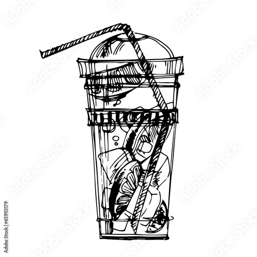Graphic, linear drawing of a plastic glass with a cocktail. A soft drink. Cocktail with ice, iced tea. Fruit juice. Black-white glass with a straw. Transparent plastic cocktail glass.tumbler with cock