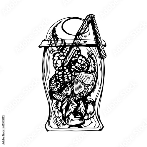 Graphic, linear drawing of a plastic glass with a cocktail. A soft drink. Cocktail with ice, iced tea. Fruit juice. Black-white glass with a straw. Transparent plastic cocktail glass.tumbler with cock