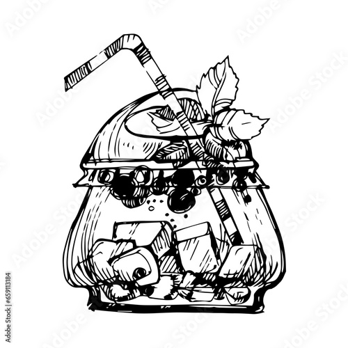 Graphic, linear drawing of a plastic glass with a cocktail. A soft drink. Cocktail with ice, iced tea. Fruit juice. Black-white glass with a straw. Transparent plastic cocktail glass.tumbler with cock