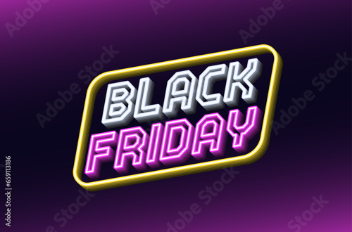 Neon design of Black Friday Sale banner. Outline neon italic text Black Friday with inclined frame. White, purple and yellow. Text template for digital ad and social media banners. Vector illustration