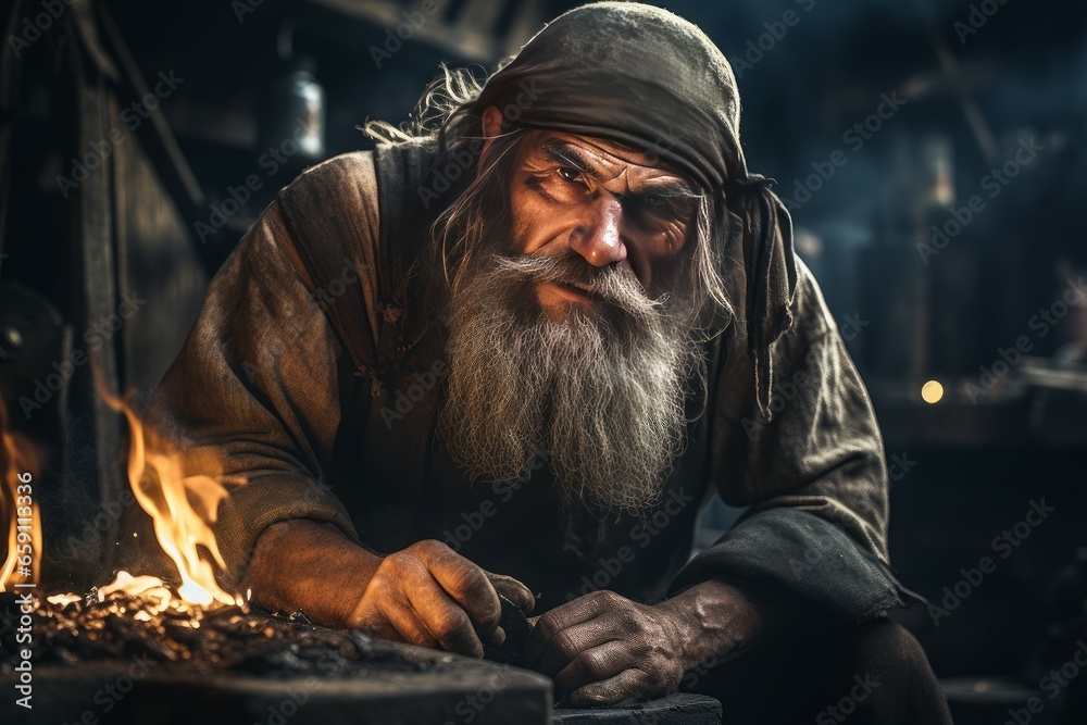 Experienced Blacksmith old man work forge. Worker flame. Generate Ai