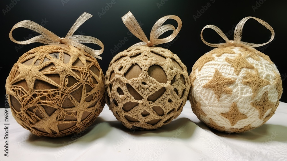 small burlap christmas ornaments with lace and ribbon, in the style of symmetrical asymmetry, aykut aydogdu, eye-catching, combining natural and man-made elements, festive atmosphere.