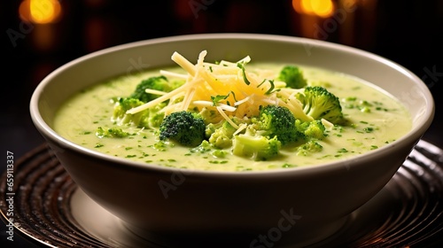  a bowl of broccoli and cheese soup on a plate.  generative ai