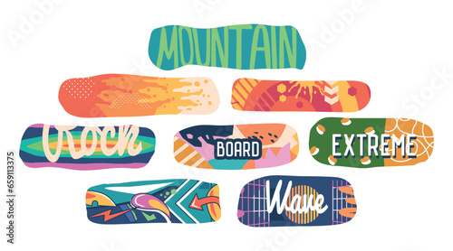 Chic And Sleek Labels for Snowboards Isolated On White Background, Colorful Emblems with Painting and Inscriptions photo