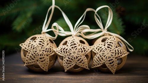 small burlap christmas ornaments with lace and ribbon, in the style of symmetrical asymmetry, aykut aydogdu, eye-catching, combining natural and man-made elements, festive atmosphere. photo