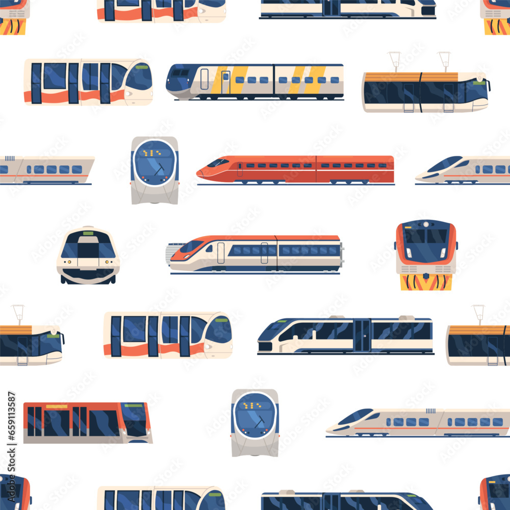 Vibrant Seamless Pattern Featuring Modern Trains And Trams In A Contemporary Repeated Design, Vector Wallpaper, Tile