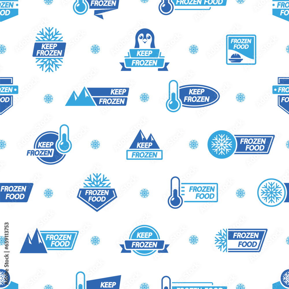 Seamless Pattern with Frozen Product Labels, Featuring Keep Frozen Badges Adorned With Snowflakes, Rocks, Thermometers