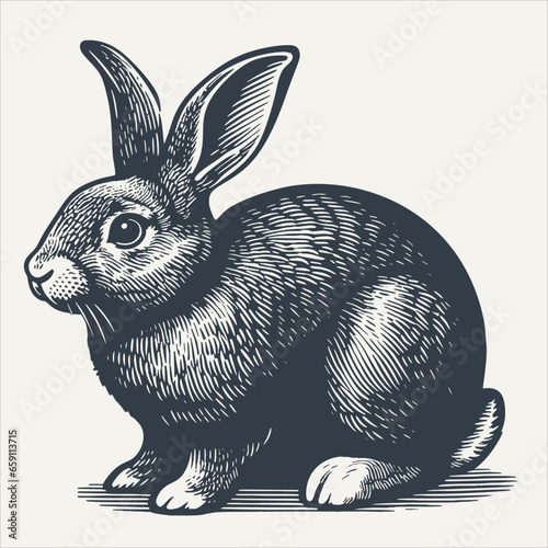 Rabbit sitting still. Vintage woodcut engraving style vector illustration.