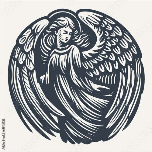 Angel round iconic. Vintage woodcut engraving style vector illustration.	
