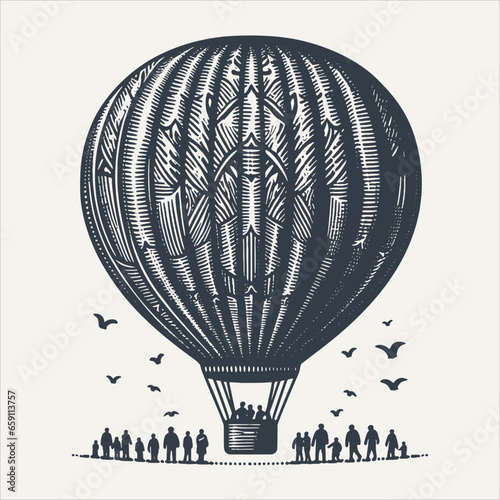 Hot air balloon. Vintage woodcut engraving style vector illustration.
