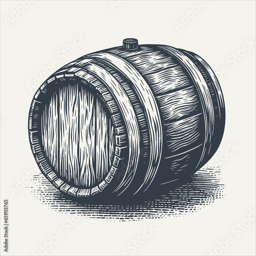 Wooden barrel. Vintage woodcut engraving style vector illustration.