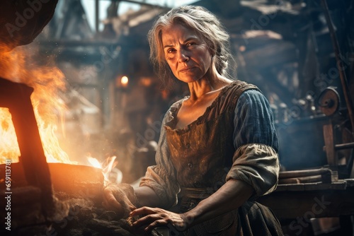 Diligent Blacksmith old woman work forge. Worker workshop. Generate Ai