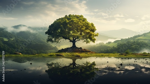  a large tree sitting on top of a lush green hillside.  generative ai © Olga