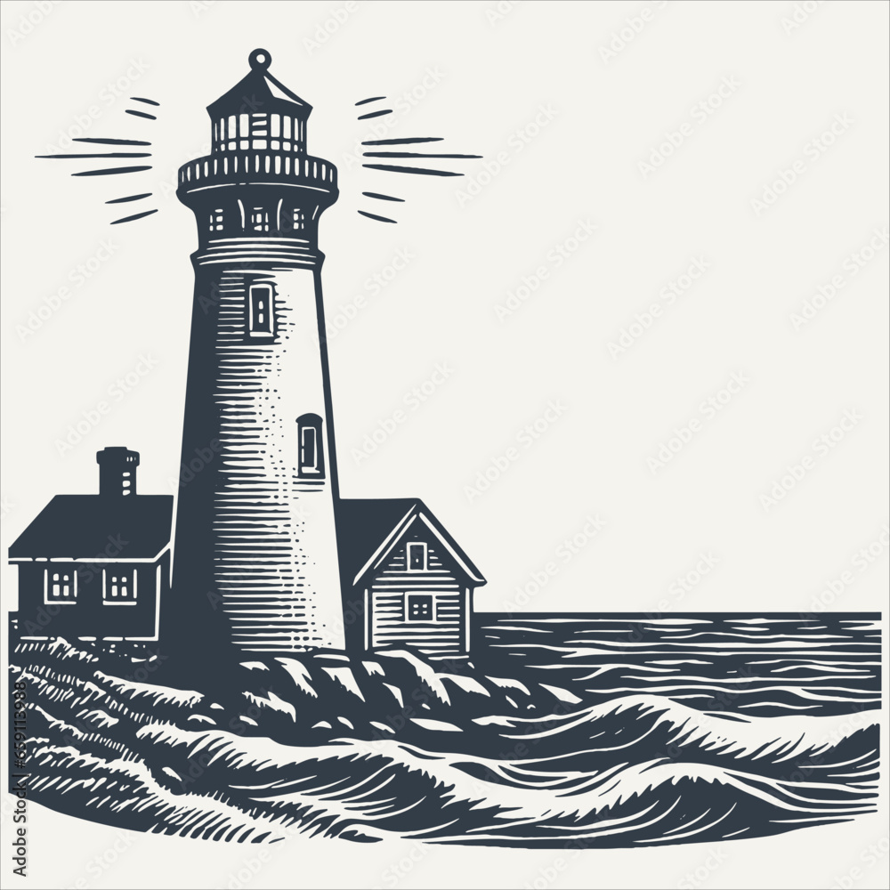 Lighthouse. Vintage woodcut engraving style vector illustration.	
