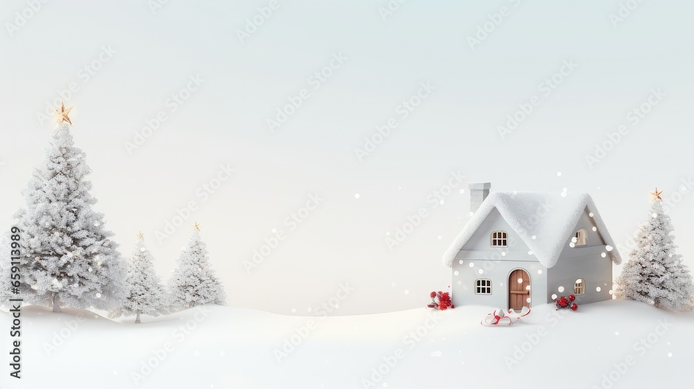 a serene scene with a Christmas decorative house placed next to a delicate fir branch on a clean white wooden background. The spacious left side is perfect for adding your personalized holiday message