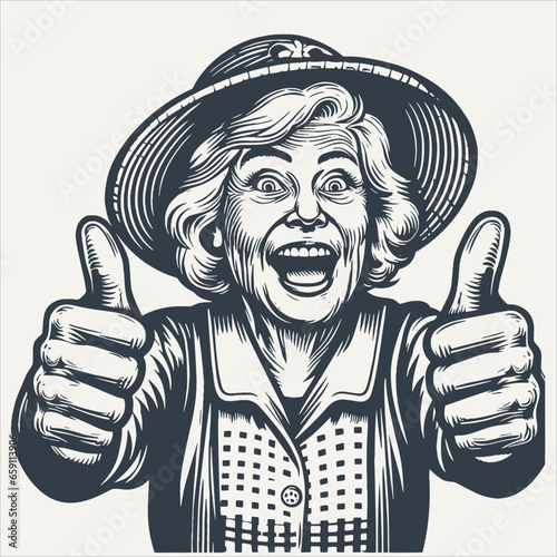Middle aged lady showing thumbs up. Vintage woodcut engraving style vector illustration.