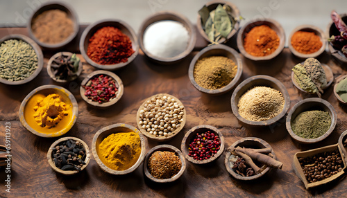 spices in a spoon, Aromatic Elegance: Spices in a Palette on a Wooden Table, AI Generated