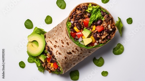  a burrito filled with beans, lettuce, and avocado.  generative ai