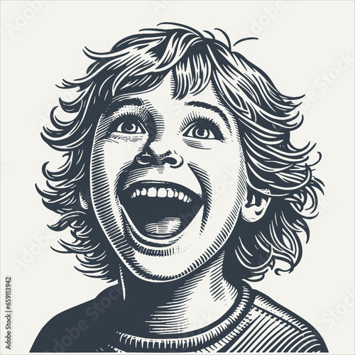 Portrait of excited young child looking with fascination. Vintage woodcut engraving style vector illustration.