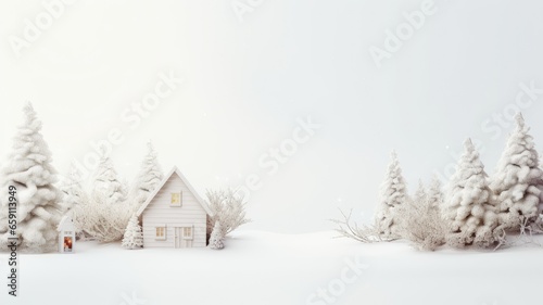 a serene scene with a Christmas decorative house placed next to a delicate fir branch on a clean white wooden background. The spacious left side is perfect for adding your personalized holiday message