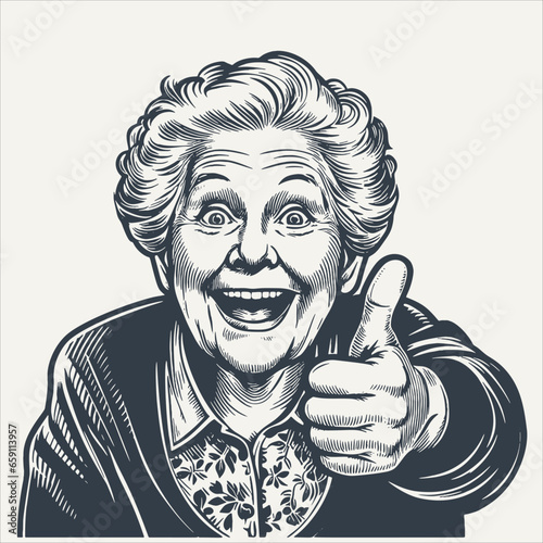 Grandma showing thumb up. Vintage woodcut engraving style vector illustration.