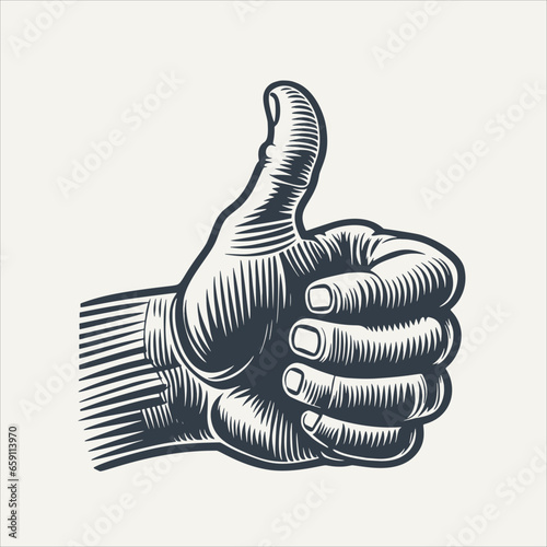 Thumb up. Vintage woodcut engraving style vector illustration.	