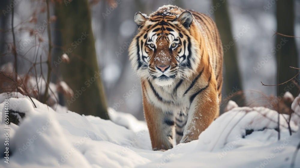 Tiger in snow atmosphere