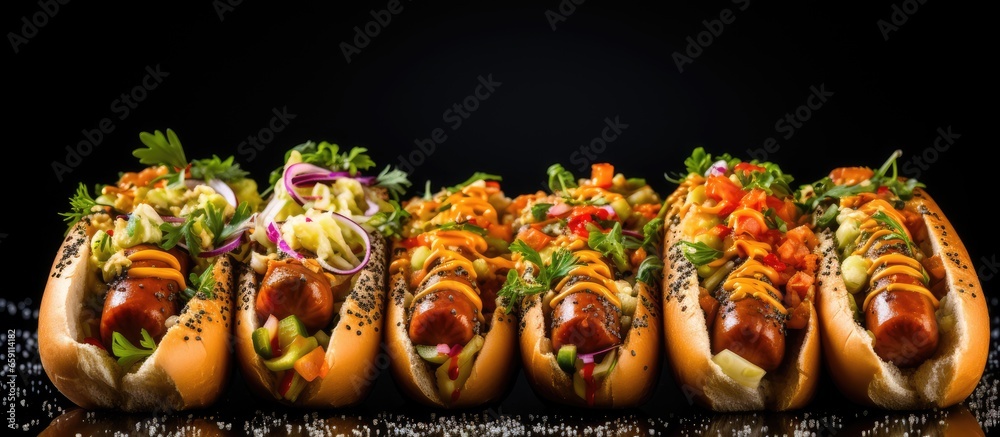 Plant based meatless meal consisting of vegan hot dogs sausages and toppings