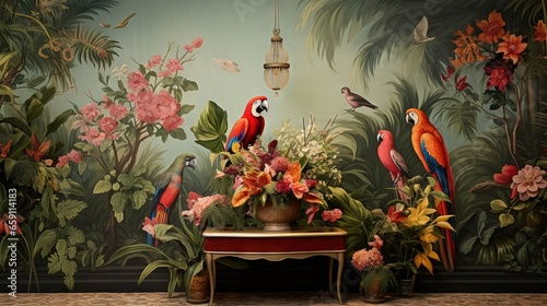  a painting of parrots and flowers on a table in front of a wall.  generative ai