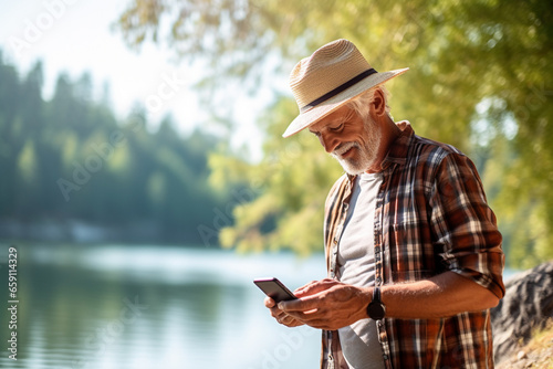 Senior male tourist looking at map on smartphone at lakeside