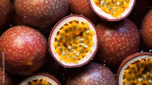  a close up of a bunch of fruit that is cut in half.  generative ai