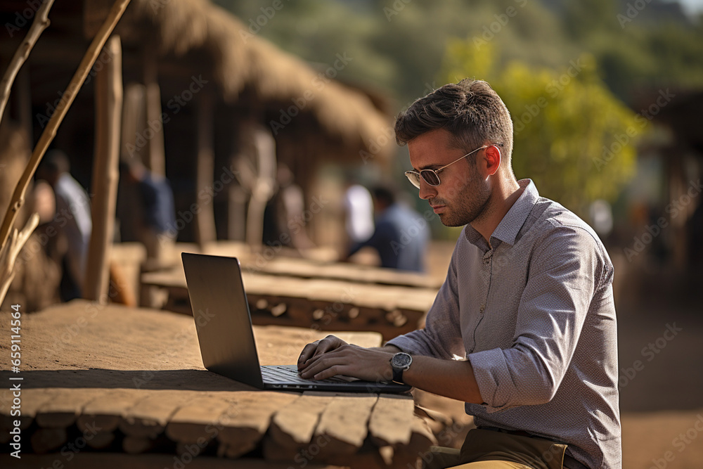 Male freelancer sitting and working on a laptop in a cafe by the river